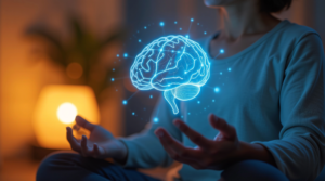 woman meditating holding a brain