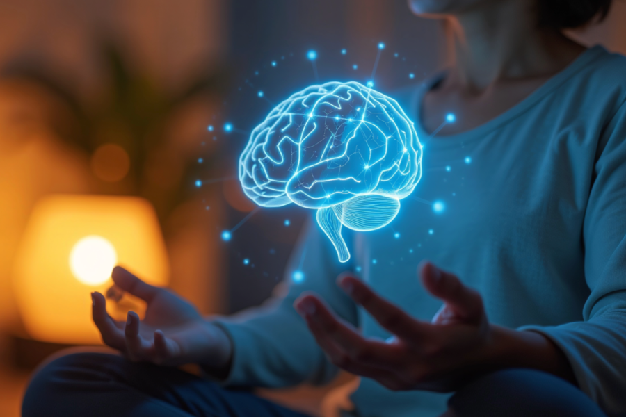woman meditating holding a brain