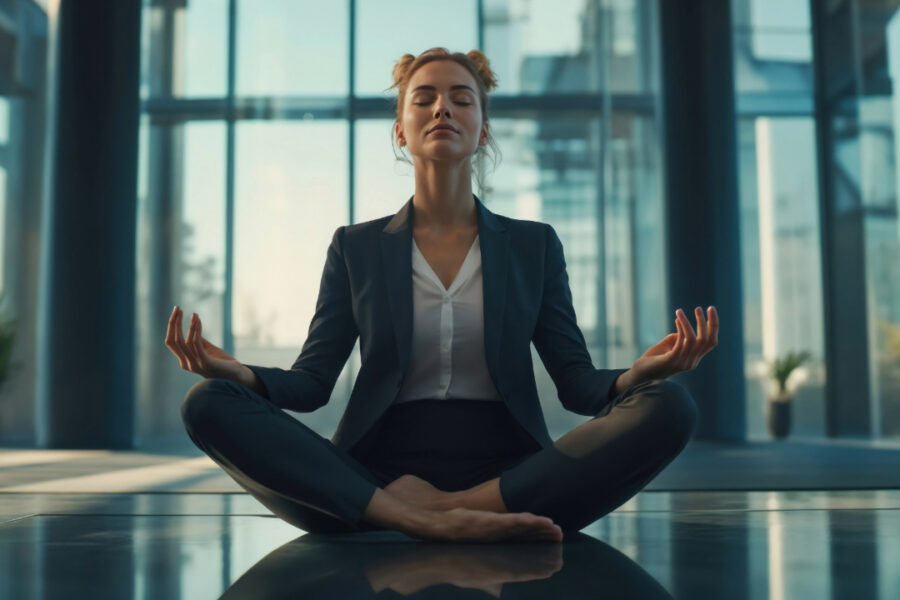 Woman meditating in an office